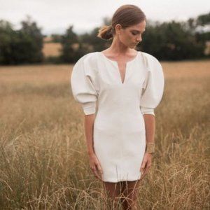 Ivory Puff-Sleeve Mini Wedding Dress - Brand: